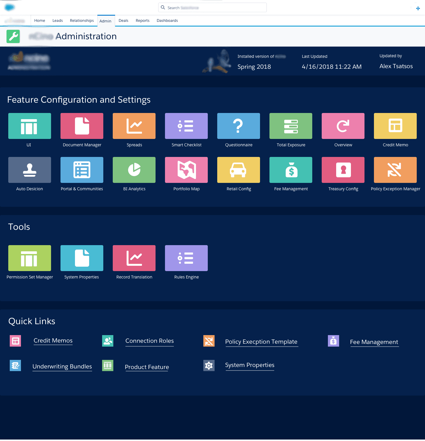 Concept 1, tile-based layout: the default admin home screen with category tiles on a dark theme