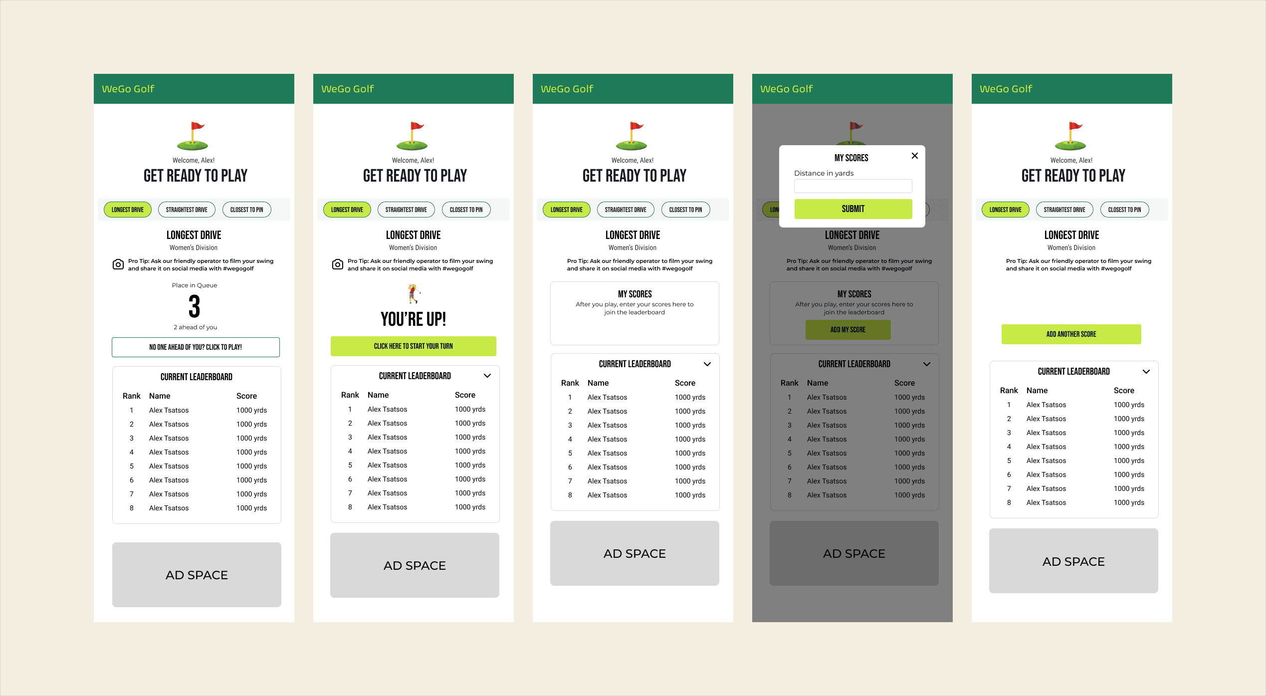 The competition flow — joining the queue, your turn, score entry, and the leaderboard.
