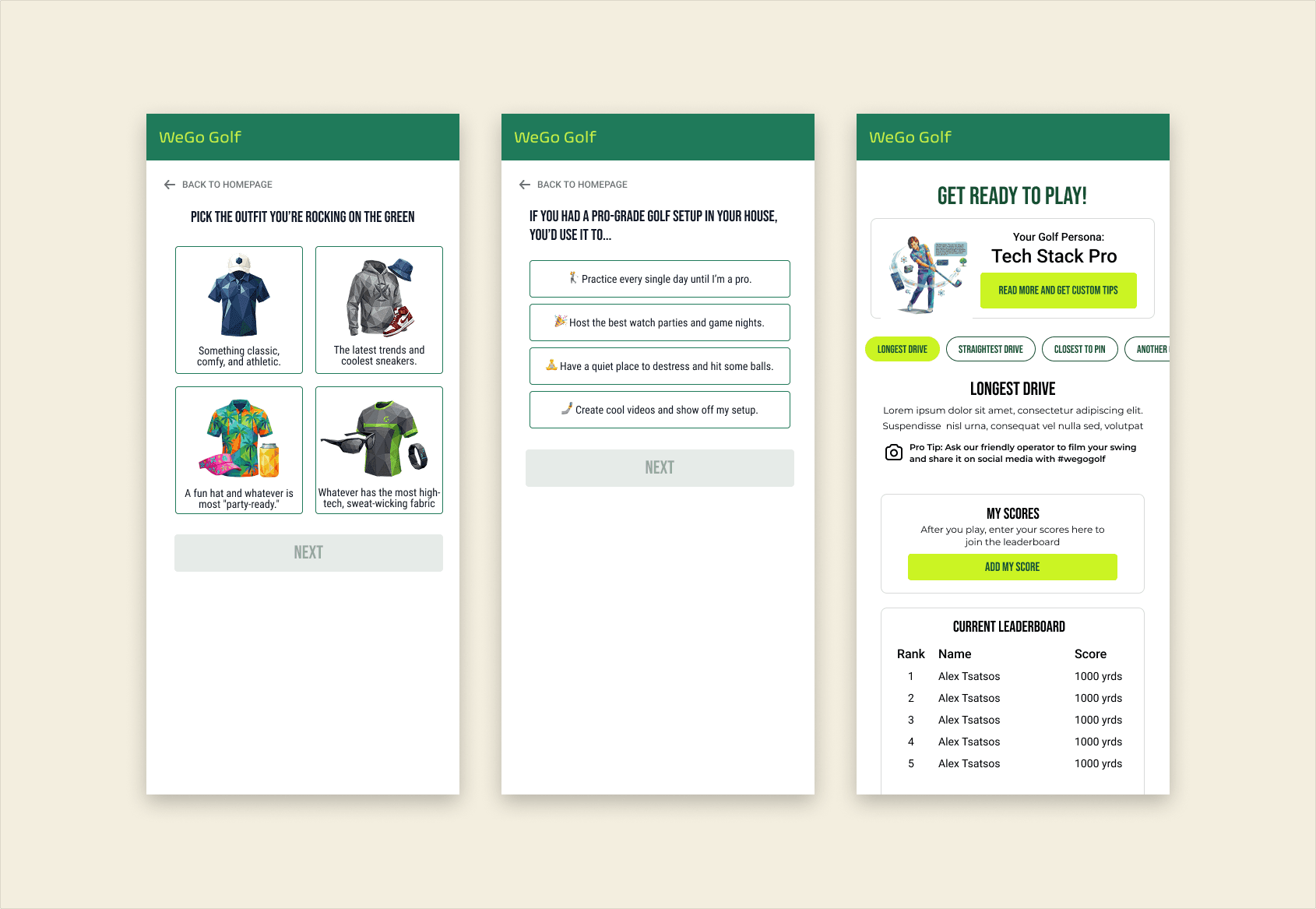 The quiz flow — outfit question, pro-setup question, and the shareable golfer-persona result.